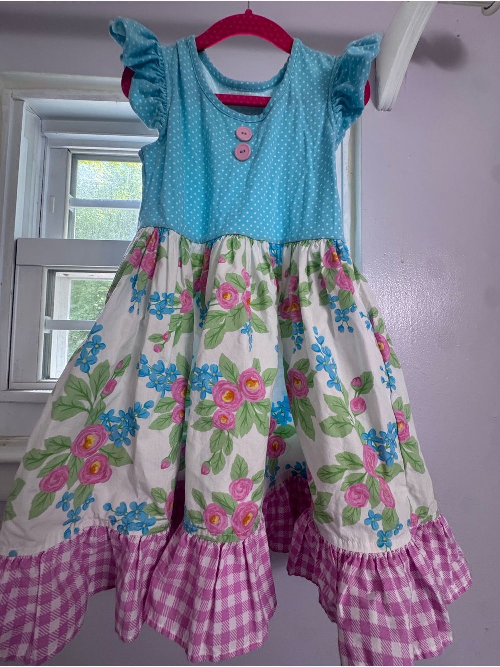 Eleanor Rose Blue Polka Bodice Floral Patchwork Dress with Pink Gingham Trim
